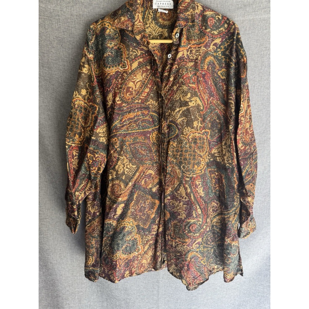Vtg Compagnie Int Express Silk Top Small Brown Paisley Button‎ Up Tunic Blouse